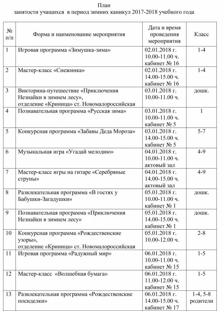 Занятость детей на каникулах образец