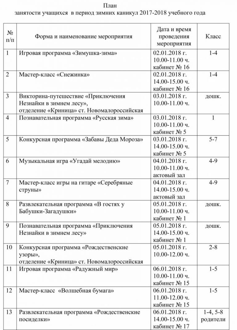 Занятость на каникулах образец